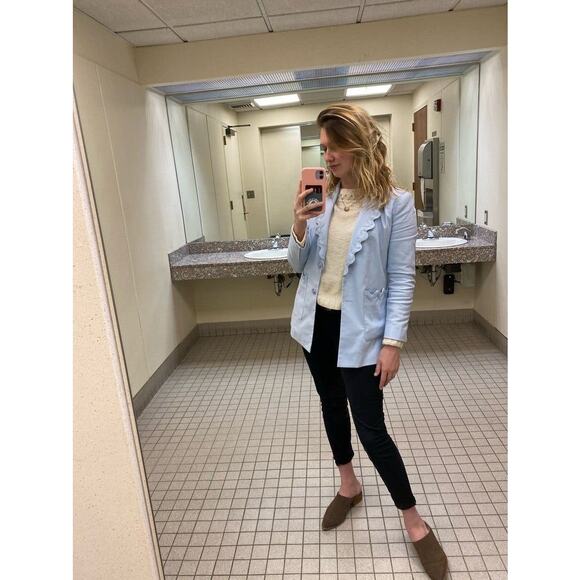 REBECCA TAYLOR Light Blue 70s Rickrack Trim Double Breasted Slub Jacket Blazer 8 - Picture 6 of 16